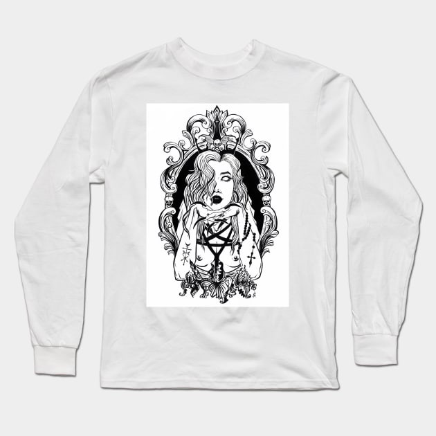 Mirror Ghost - Gothic girl with satanic symbols, black and white painting, black cross Long Sleeve T-Shirt by SSINAMOON COVEN